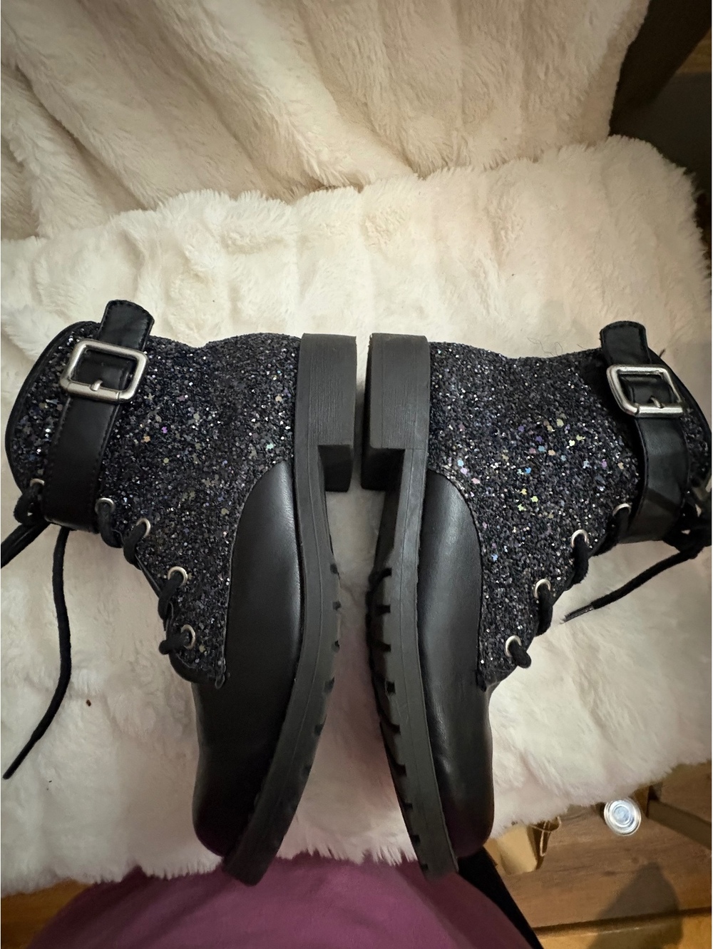 Olive & Edie Drew Black Glitter Lace-Up Ankle Boots with Buckle Detail